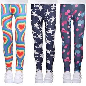 New Girl's Age 12-13 3 Pairs of Cute Printed Leggings Pants- Rainbow Sta…